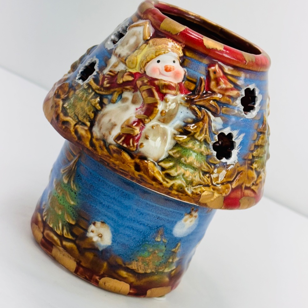 Christmas Glazed Kirklands Ceramic Pottery Snowman 2 Piece Tea Light Winter